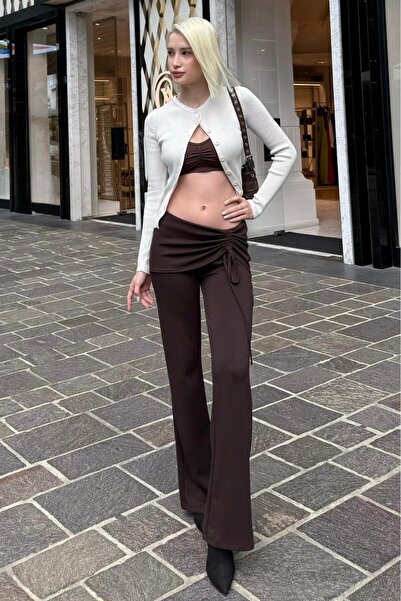 Madmext Kahverengi Modal Yumuşak Büzgü Bağcık Detaylı Flare Kadın Pantolon MG2562