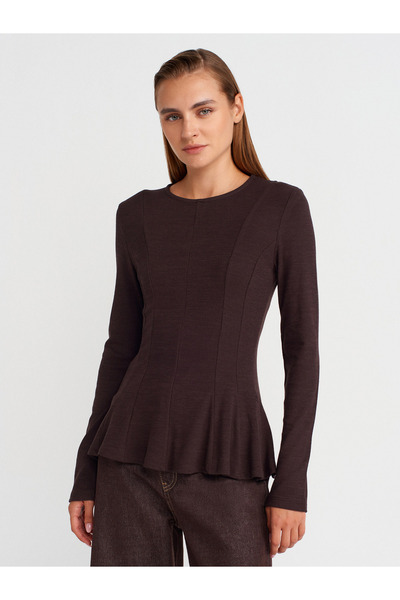 Dilvin 32090 Uzun Kollu Peplum Top-Koyu Kahve