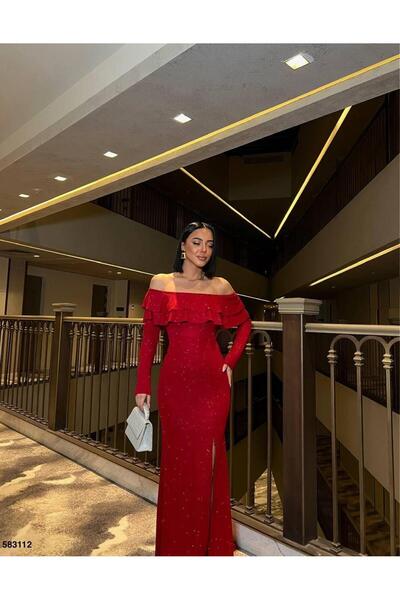 Modafeminen Fkuro Glittery Stretch Fabric Front Double Flounce Evening Dress Red 583112