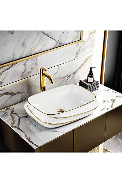 Lumini de Poveste Countertop Washbasin, Ceramic, Gold, White, Rectangle, Classy LDPZP015