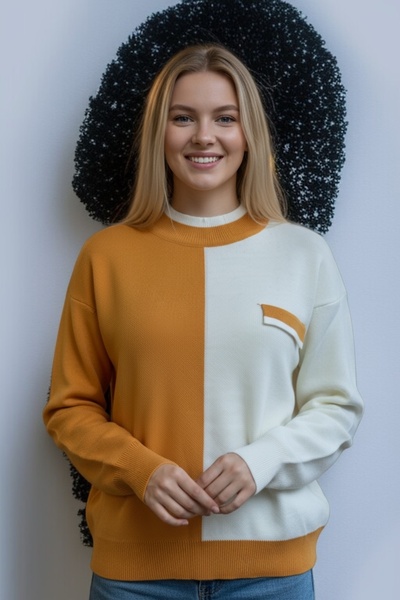NEWCO Women's Color Block Oversized Knit Sweater – Contrast Pattern, Round Neck, Long Sleeves, Comfortable Fit
