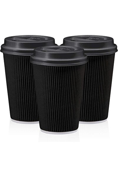 MARKQ [50 Pack] 12oz Black Disposable Coffee & Tea Cups with Lids - Corrugate...
