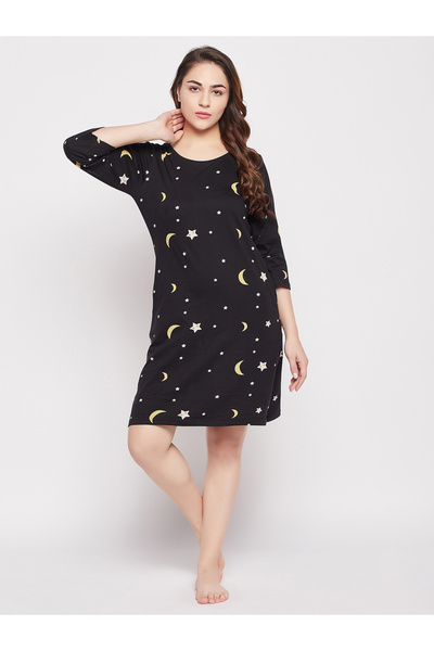 iza Moon & Stars Print Short Night Dress in Black – 100% Cotton