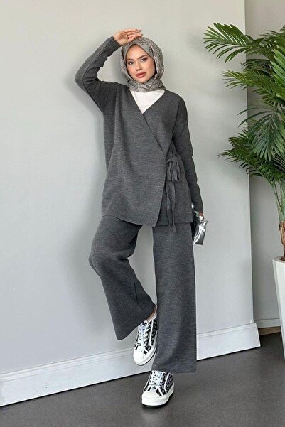 Şulemoda Giyim Maça Drawstring Knitwear Set Gray