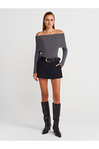 Dilvin 10808 Bardot Collar Ribbed Glitter Knit Sweater-Smoked