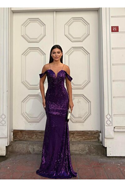 SELİN MODA EVİ Trend Band Kol Kadife Balık Elbise Mor 583198