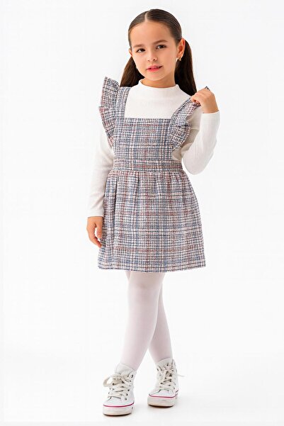 RAPAPA Κοριτσίστικο καρό φόρεμα με λουράκια – Λεπτομέρεια με βολάν & μακρυμάνικη μπλούζα-1570-M