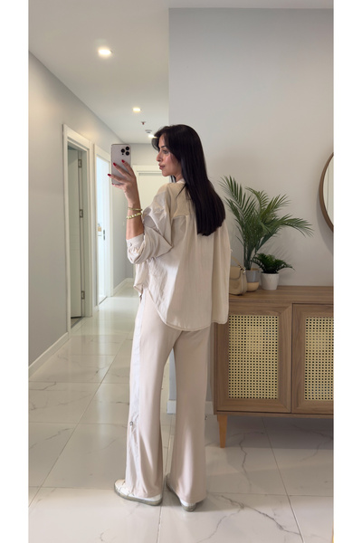 BİRCANÇİL Rendry Beige Parachute Detailed Hooded Pants Set