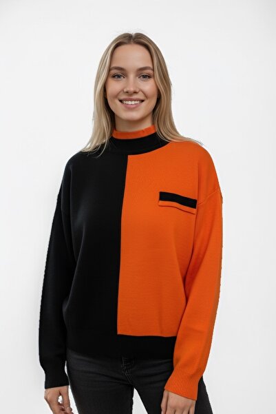 NEWCO Women's Color Block Oversized Knit Sweater – Contrast Pattern, Round Neck, Long Sleeves, Comfortable Fit