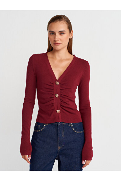 Dilvin 10805 V Yaka Düğmeli Kazak-Bordo