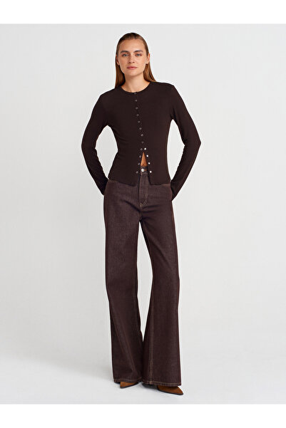 Dilvin 32055 Long Sleeve Cardigan-Dark Brown