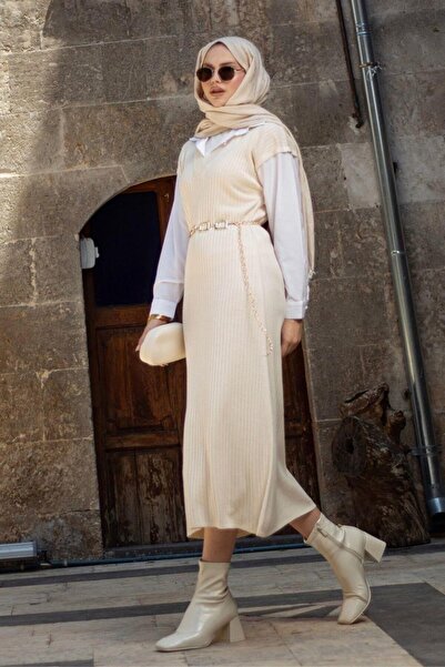 Şulemoda Giyim Muallim Sleeve Collar Shirted Ribbed Dress Cream