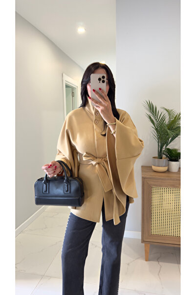BİRCANÇİL Luffy Camel Belted Cashmere Poncho