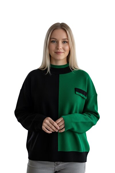 NEWCO Women's Color Block Oversized Knit Sweater – Contrast Pattern, Round Neck, Long Sleeves, Comfortable Fit