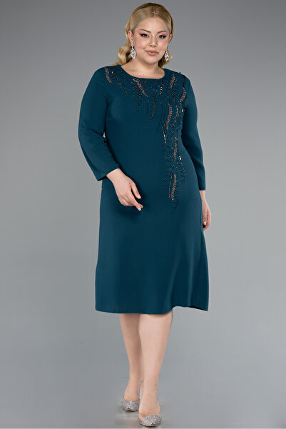 Abiyefon Zümrüt Yeşili Kapri Kol Taşlı Midi Büyük Beden Davet Elbisesi ABK2197