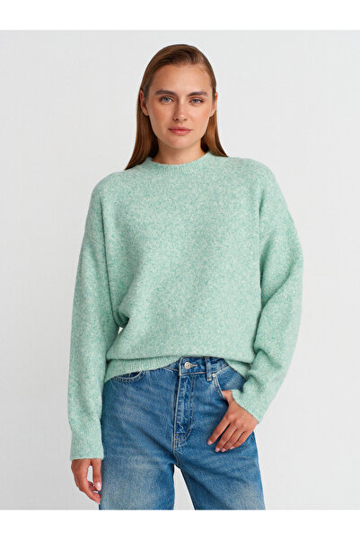 Dilvin 10640 Pulover tricotat cu textura moale cu gât rotund-Mint