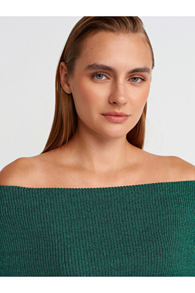 Dilvin 10808 Bardot Yaka Fitilli Simli Triko Kazak-Zümrüt
