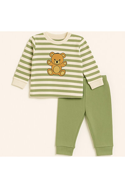 dinamik çocuk Baby Boy Striped Teddy Bear Patterned 2-Piece Set Top and Bottom / 3-12 Months