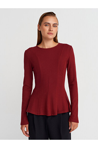 Dilvin 32090 Uzun Kollu Peplum Top-Açık Bordo