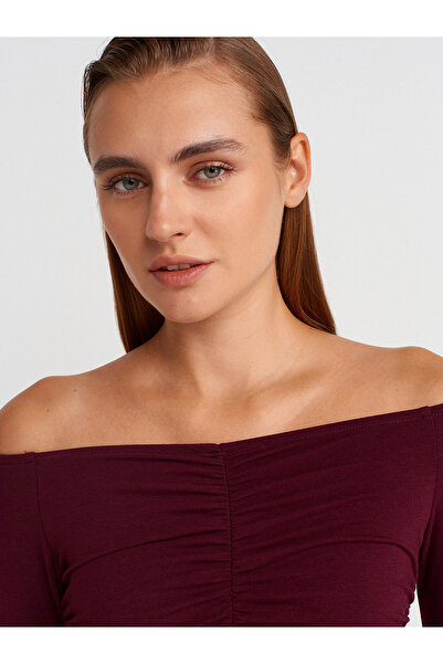 Dilvin 32089 Φόρεμα με κορδόνια χωρίς ώμους-μπορντό