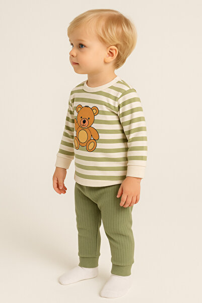 dinamik çocuk Baby Boy Striped Teddy Bear Patterned 2-Piece Set Top and Bottom / 3-12 Months