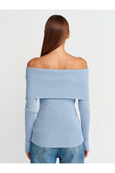 Dilvin 10808 Pulover tricotat cu sclipici cu guler Bardot-albastru