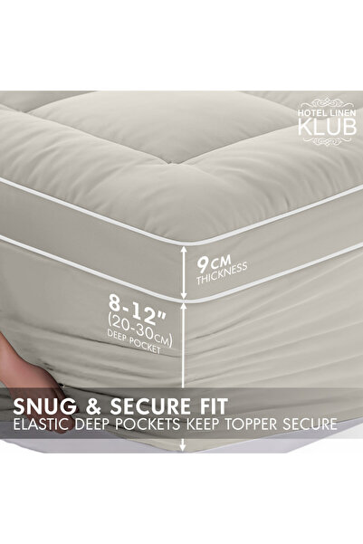 Hotel Linen Klub Premium Fitted-Style Mattress Topper 9cm/800GSM with deep pocket and all around elastic – Stone