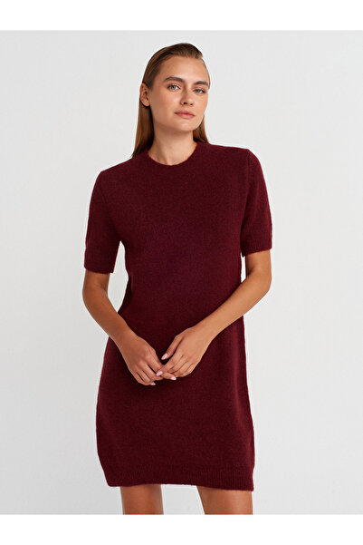 Dilvin 90257 Bisiklet Yaka Yumuşak Dokulu Triko Elbise-Bordo M.
