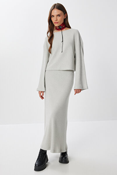 Lovelyİstanbul Fitilli Örme Bluz-Etek Takım LRG0044 GRİ MELANJ