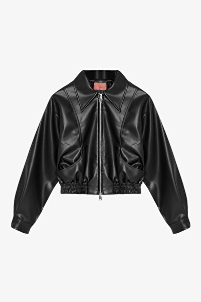 Quzu Elastic Waist Leather Jacket Black