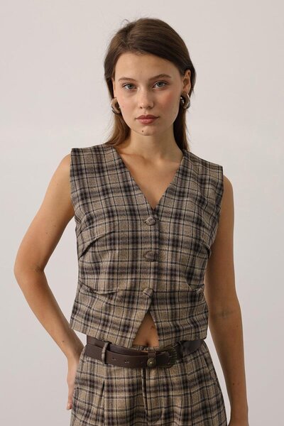 VAGGON Plaid Patterned Buttoned Vest