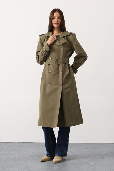 VAGGON Buttoned Belt Closure Double Pocket Long Trench Coat