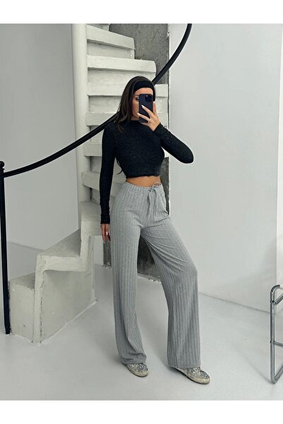Chicup Aura Women's Gray Thick Ribbed Wide Leg Knit Pants