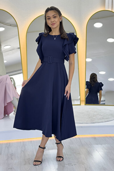 the ZKS Kadın Omuz Fırfır Detaylı Kemerli Midi Boy Elbise Siyah, Bordo, Lacivert