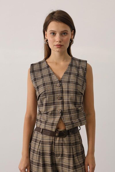 VAGGON Plaid Patterned Buttoned Vest
