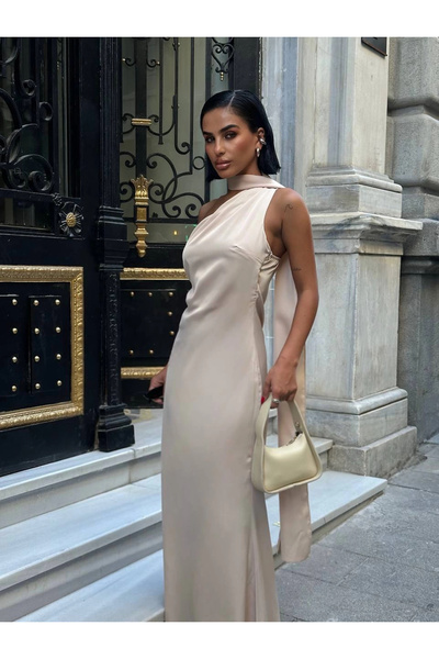Bak Moda Satin Beige Dress with Shawl