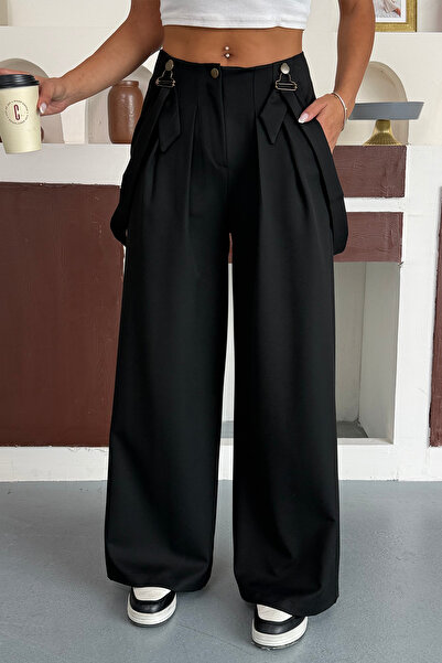 Ortaya Çık Black Slopetli Fabric Palazzo Pants with Elastic Waist