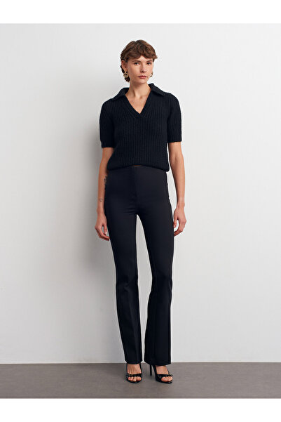 Dilvin 72184 High Waist Bell Bottom Trousers-Black