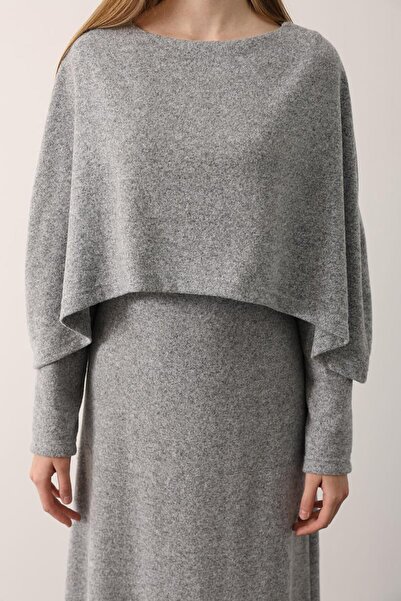 VAGGON Women's Gray Cape Detailed Long Sleeve Soft Knitwear Maxi Dress Vs01150