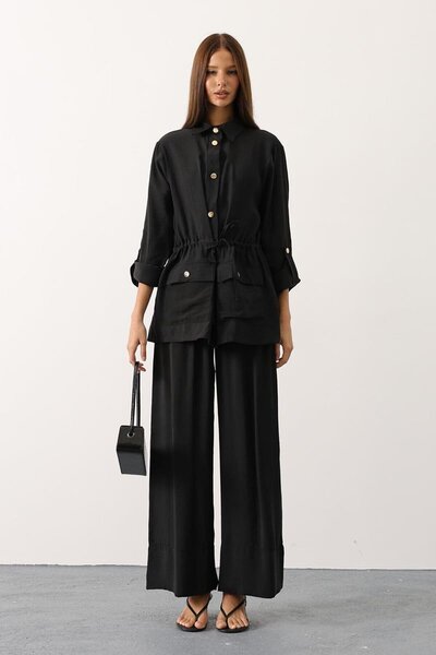 VAGGON Women's Black Gold Button Detailed Shirt Blouse and Palazzo Pants Set Vs01140