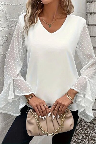 Mossta V-Neck Spanish Sleeve Sandy Blouse - White