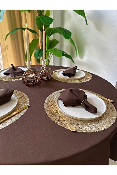 Decamor home Linen Textured Brown Round Tablecloth (Napkin Not Included)