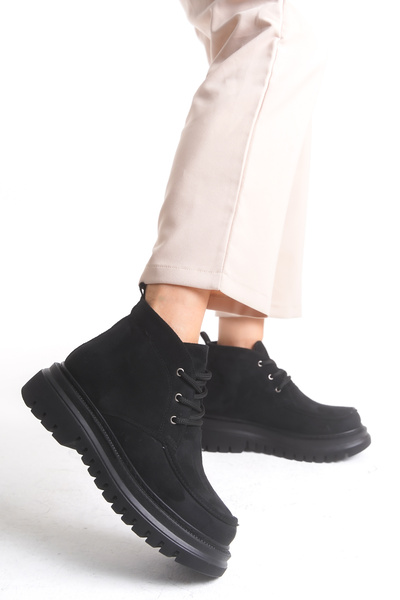 Limeo Botine scurte pentru femei, din piele intoarsa, neagra, cu talpa inalta, cu siret