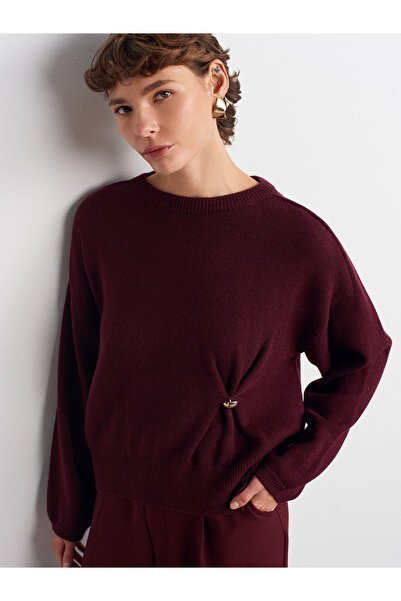 Dilvin 10812 Bisiklet Yaka Büzgü Düğme Detaylı Yünlü Triko Kazak-Bordo M.
