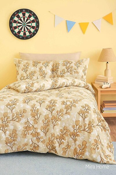 Mira Home Yellow Leaf Patterned Cotton Single Duvet Cover Set