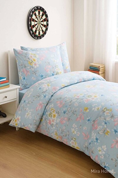 Mira Home Blue Floral Patterned Cotton Single Duvet Cover Set