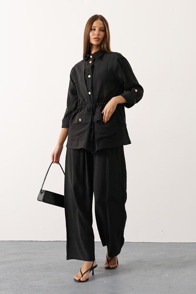 VAGGON Women's Black Gold Button Detailed Shirt Blouse and Palazzo Pants Set Vs01140