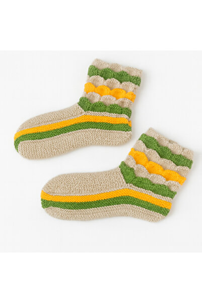 PUREYSMA El Yapımı Patik – 36-38 Beden Sarı Yeşil Desenli Yün Örgü Sıcak Tutu...