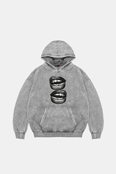 Bak Moda Hanorac alb oversize unisex cu imprimeu Lip Teeths lavabil