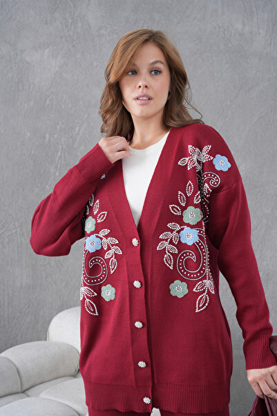 Miss Allos Women's Beaded Wide-Fit Knitwear Cardigan and Pants Bottom-Top Set